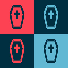 Pop art Coffin with christian cross icon isolated on color background. Happy Halloween party. Vector