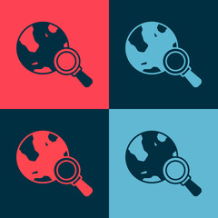 Pop art Magnifying glass with globe icon isolated on color background. Analyzing the world. Global search sign. Vector