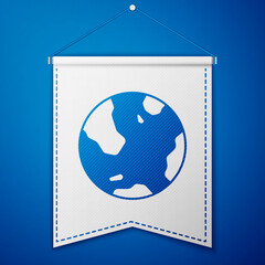 Blue Earth globe icon isolated on blue background. World or Earth sign. Global internet symbol. Geometric shapes. White pennant template. Vector