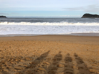 Four people's shadows on a beach in Umina, landscape