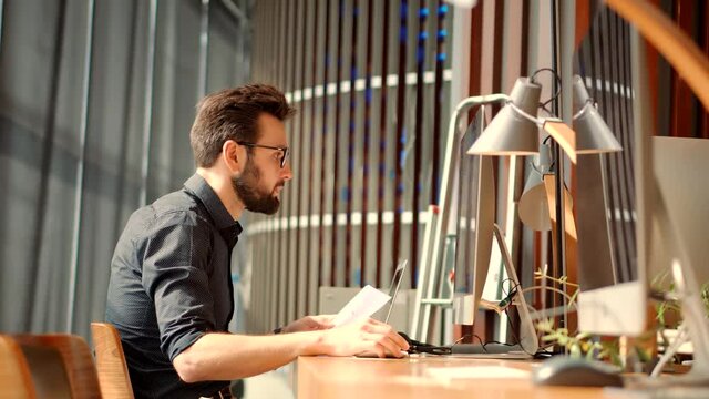 Online Network Software Developer.Senior Coder Programming.Software Developer Coding On Computer PC And Remote Chatting.Coder Development Web Application.Programmer Software Architect Online App.
