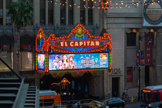 LA, USA - 31ST OCTOBER 2018: The famous El Capitan on Hollywood Boulevard lit up on an evening for tourists