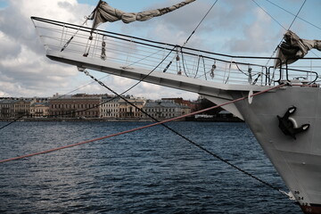 Sailing schooner moored in the city
