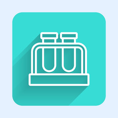 White line Test tube and flask chemical laboratory test icon isolated with long shadow. Laboratory glassware sign. Green square button. Vector