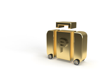 Gold suitcase with money and peso sign on wheels in the form of a car on isolated background.