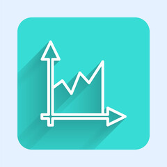 Obraz premium White line Graph, schedule, chart, diagram, infographic, pie graph icon isolated with long shadow. Green square button. Vector
