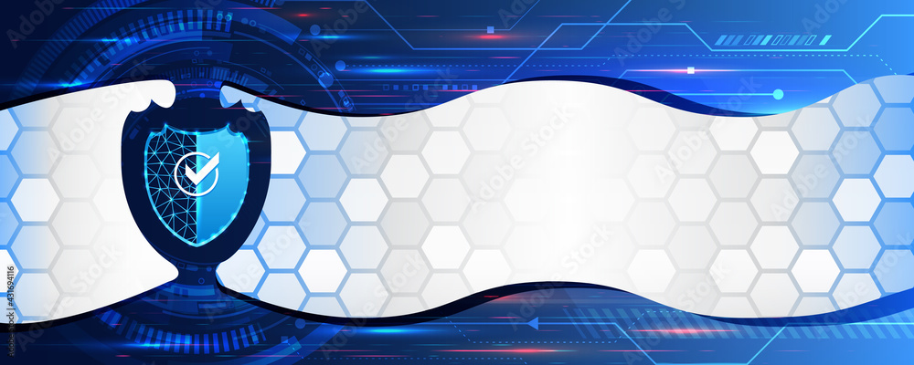 Poster Internet security concept with shield and hi-tech technology elements background. Cyber Security and information or network protection.