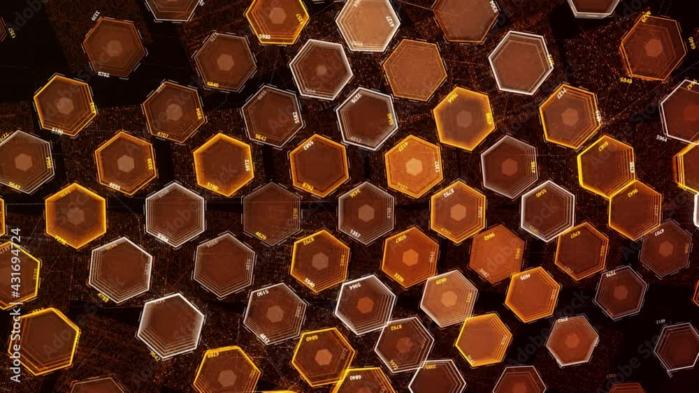 Poster structure of luminous hexagons. animation. colored neon hexagons pulse on black background. futurist