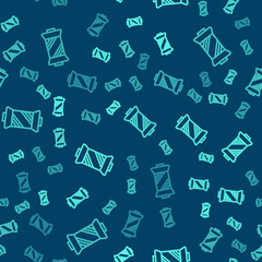 Green line Sewing thread on spool icon isolated seamless pattern on blue background. Yarn spool. Thread bobbin. Vector