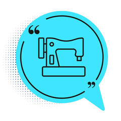 Black line Sewing machine icon isolated on white background. Blue speech bubble symbol. Vector