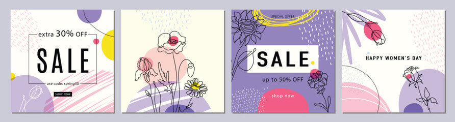 Abstract flower vector backgrounds with one line floral elements and bright geometric shapes in simple minimal style. Creative fashion spring summer pattern design. Square form