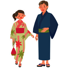 浴衣を着た若い女性と男性