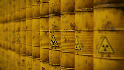 radioactive waste in barrels background (3d rendering) 
