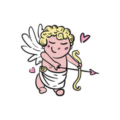 smiling blond cupid, kid with wings, bow and arrow in his hands