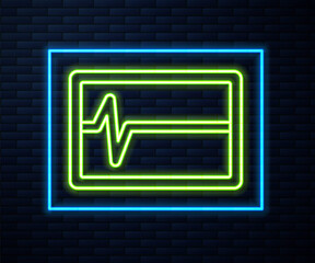Glowing neon line Beat dead in monitor icon isolated on brick wall background. ECG showing death. Vector