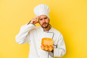 Young caucasian chef man holding eggs isolated on yellow background being shocked, she has remembered important meeting.