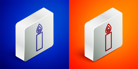 Isometric line Burning candle icon isolated on blue and orange background. Cylindrical candle stick with burning flame. Silver square button. Vector