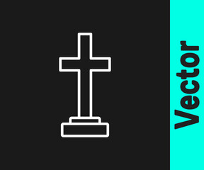 White line Grave with cross icon isolated on black background. Vector
