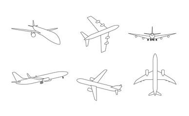 Silhouette of black and white aircraft in the sky, isolated. Vector Illustration