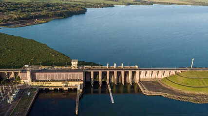 Aerial view of small hydroelectric plant on the tiete river. - obrazy, fototapety, plakaty
