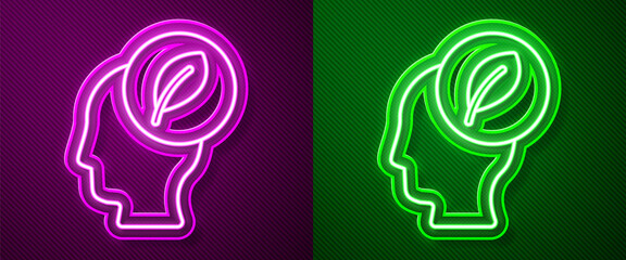 Glowing neon line Human head with leaf inside icon isolated on purple and green background. Vector
