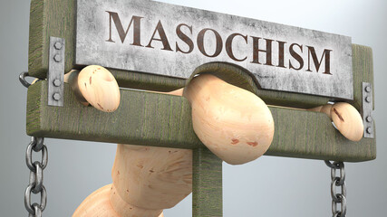 Masochism that affect and destroy human life - symbolized by a figure in pillory to show Masochism's effect and how bad, limiting and negative impact it has, 3d illustration - obrazy, fototapety, plakaty