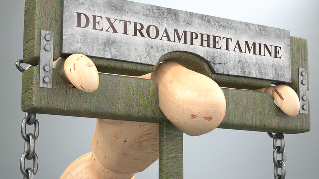 Dextroamphetamine that affect and destroy human life - symbolized by a figure in pillory to show Dextroamphetamine's effect and how bad, limiting and negative impact it has, 3d illustration