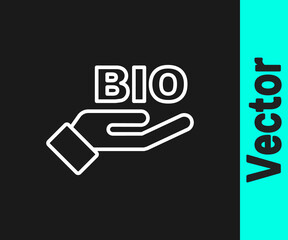 White line Bio green healthy food icon isolated on black background. Organic product. Healthy food sticker. Vector