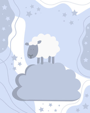 A cute sheep is walking on the cloud among stars.