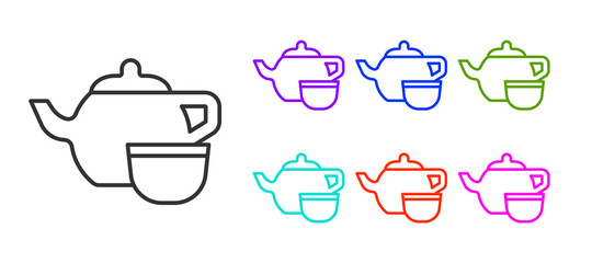 Black line Traditional Chinese tea ceremony icon isolated on white background. Teapot with cup. Set icons colorful. Vector