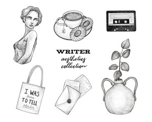 Writer aesthetics collection. Writing icons, hand-drawn illustrations on white isolated background. Letter and envelope, cup of tea and cookies, statue, audio cassette, shopping bag