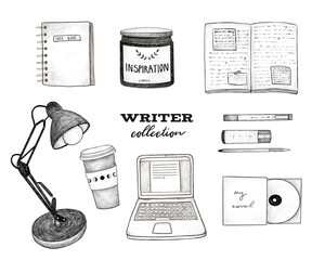 Writer collection. Writing icons, hand-drawn illustrations on white isolated background. Laptop, notepad, stationery, table lamp, candle, cup of coffee - 431697525