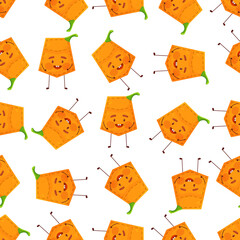 Seamless pattern pumpkin shaped patch pocket. Character pocket pumpkin. Cartoon style. Design element. 