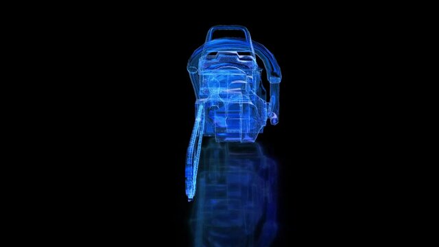 Gas chain saw. Professional instrument, working tool. Mesh formation of 3d Model. X-ray 4k video. Rotating hologram.