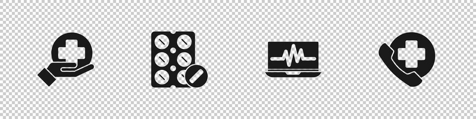 Fototapeta premium Set Cross hospital medical, Pills in blister pack, Laptop with cardiogram and Emergency phone call icon. Vector