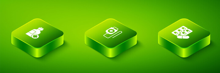 Set Isometric IV bag, Pills in blister pack and Bottle of medicine syrup icon. Vector