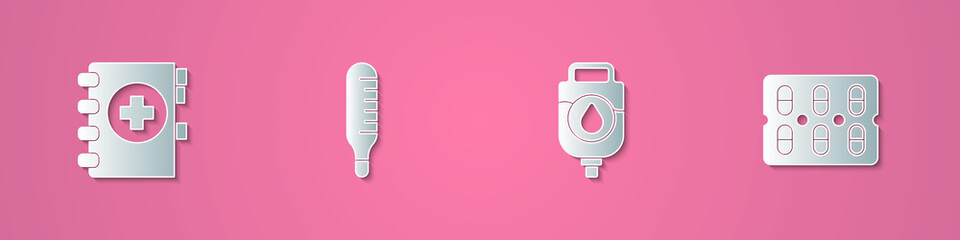 Obraz premium Set paper cut Medical clipboard, thermometer, IV bag and Pills in blister pack icon. Paper art style. Vector