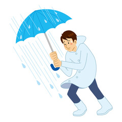 大雨の中、傘をさす男性
