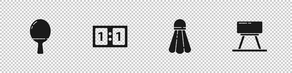 Set Racket for playing table tennis, Sport mechanical scoreboard, Badminton shuttlecock and Pommel horse icon. Vector