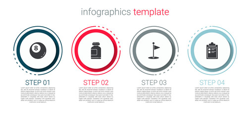 Set Billiard pool snooker ball, Sports nutrition, Golf flag and training program. Business infographic template. Vector