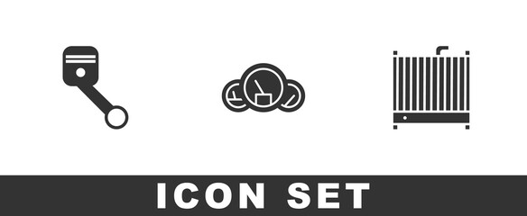 Set Engine piston, Speedometer and Car radiator cooling system icon. Vector