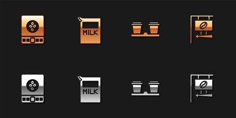 Set Electronic coffee scales, Paper package for milk, Coffee cup to go and Street signboard icon. Vector