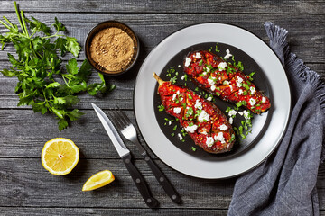 eggplants stuffed with savory tomatoes and feta
