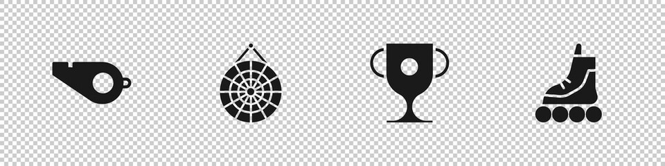 Set Whistle, Classic dart board, Award cup and Roller skate icon. Vector
