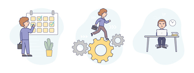 Vector Illustration In Flat Cartoon Style. Linear Composition With Outline. White Background And Characters. Three Business Concepts Together. People With Targets Calendar, Work Cogwheel And Laptop