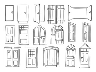 Door and Gates Set, Old and Classic Style, Sketchy Cartoon Hand Drawing