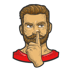 Man picking his nose color sketch engraving vector illustration. T-shirt apparel print design. Scratch board imitation. Black and white hand drawn image.