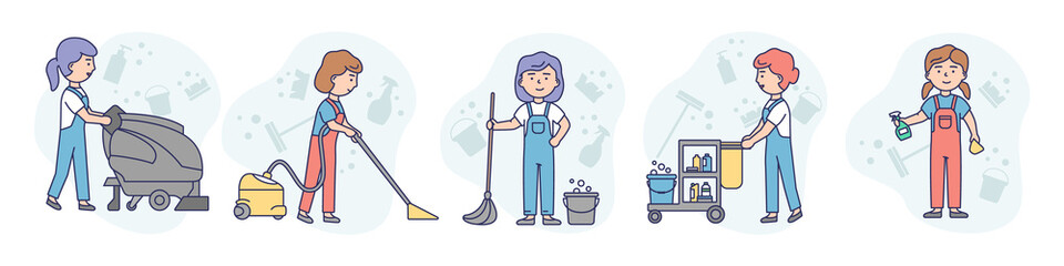 Concept Illustration On White Background. Vector Composition With Characters. Linear Outline And Soft Colours. Art With Five Women From Cleaning Company. Sweepers With Standing Different Appliances