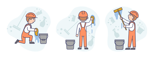 Concept Illustration On White Background. Vector Composition With Characters. Linear Outline And Soft Colours. Three Male Workers In Orange Protective Helmets And Overalls Washing Wall. Clean Elements