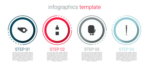 Set Whistle, Bottle of water, Boxing glove and Baseball bat. Business infographic template. Vector